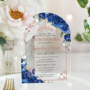 Invitations En Acrylique Quinceañera Royal Blue Floral Rose Or 16ème Arc