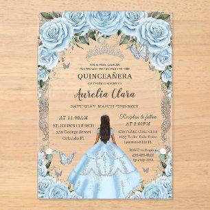 Invitations En Acrylique Quinceañera Sky Blue Floral robe Tan Princesse