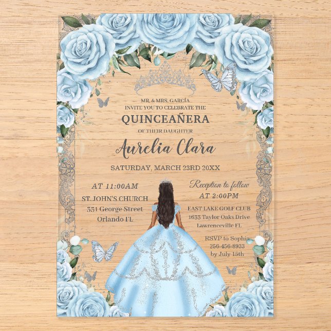 Invitations En Acrylique Quinceañera Sky Blue Floral robe Tan Princesse (Recto)