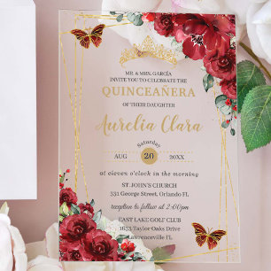 Invitations En Acrylique Quinceañera Sweet 16 Papillons rouges floraux en o