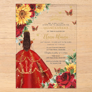 Invitations En Acrylique Quinceañera Sweet 16 Roses rouges Tournesols Flora