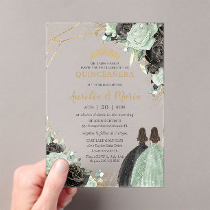 Invitations En Acrylique Quinceañera Sweet 16 Sage Vert Black Floral Twins