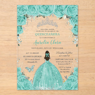 Invitations En Acrylique Quinceañera Turquoise Bleu Floral Argent Princesse