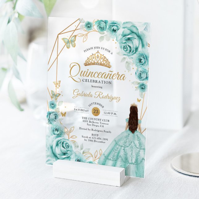 Invitations En Acrylique Quinceanera Turquoise Dress Floral Gold (Créateur téléchargé)
