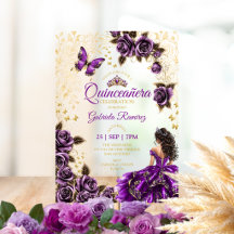 Quinceañera Violette Roses Dorées Papillons Couron