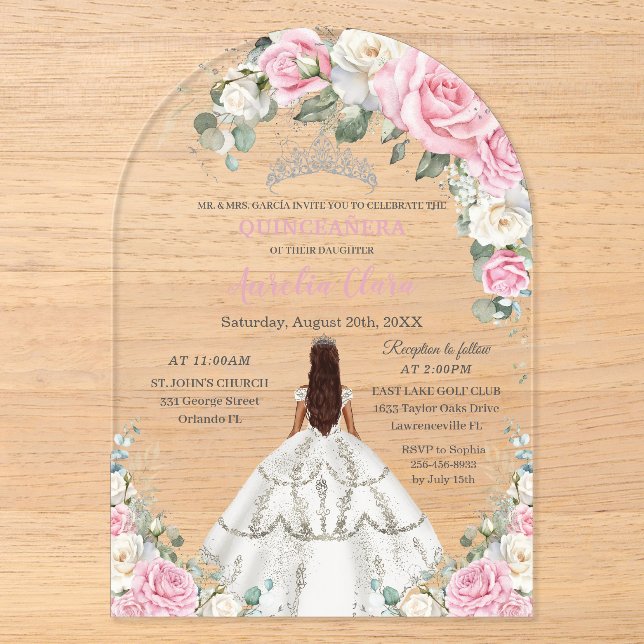Invitations En Acrylique Quinceañera XV Rose Blanc Floral Princesse Argent (Recto)