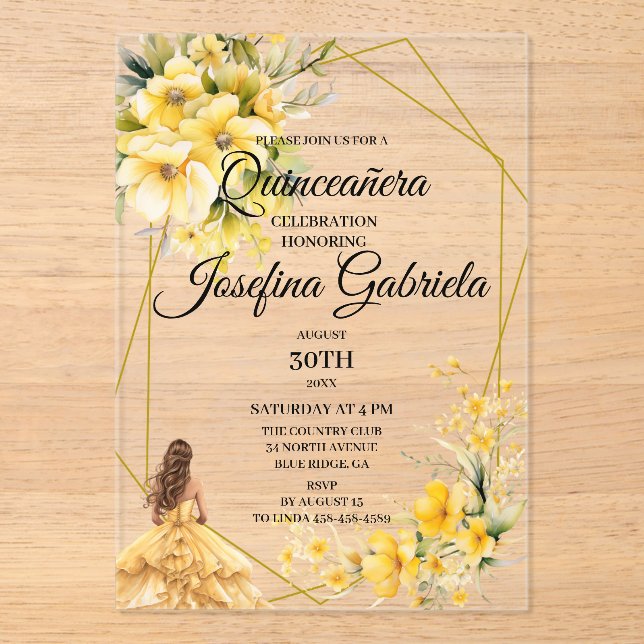Invitations En Acrylique Quinceanera yellow gold (Recto)
