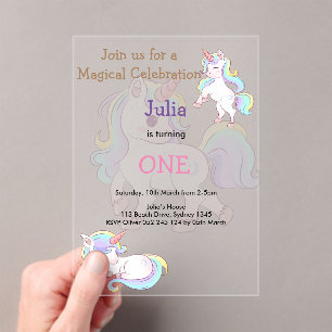 Invitations En Acrylique Rainbow color Unicorn bébé fille 1er anniversaire