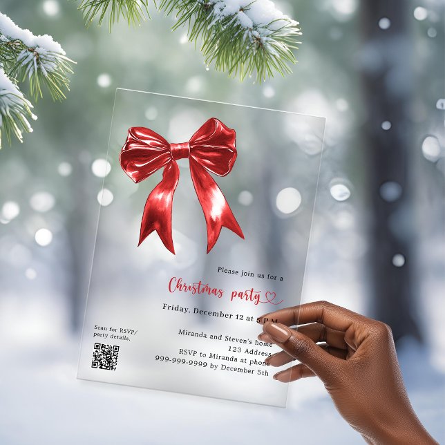 Invitations En Acrylique Red bow clear QR code Noël (Créateur téléchargé)