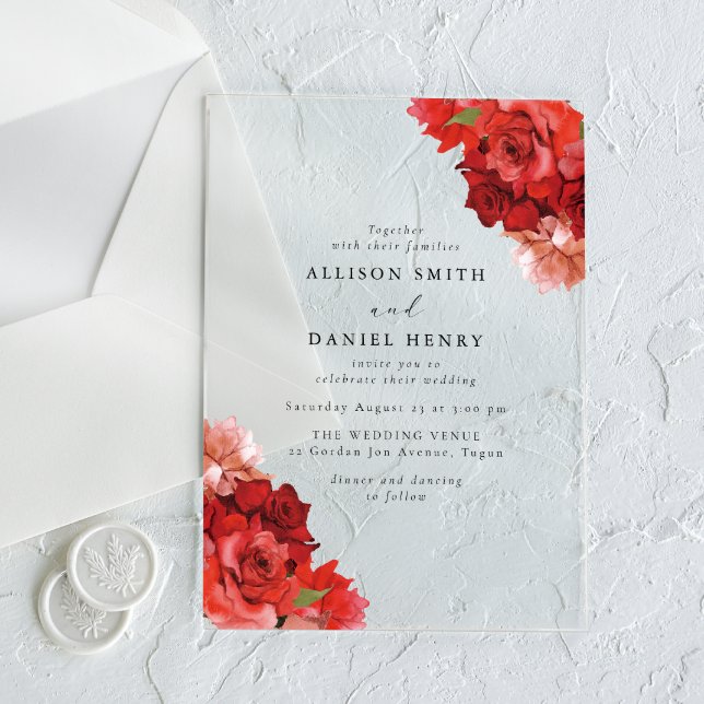 Invitations En Acrylique Red & Pink Floral Elegant Wedding (Créateur téléchargé)