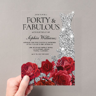 Invitations En Acrylique Red Roses Diamond Gown 40e fête d'anniversaire