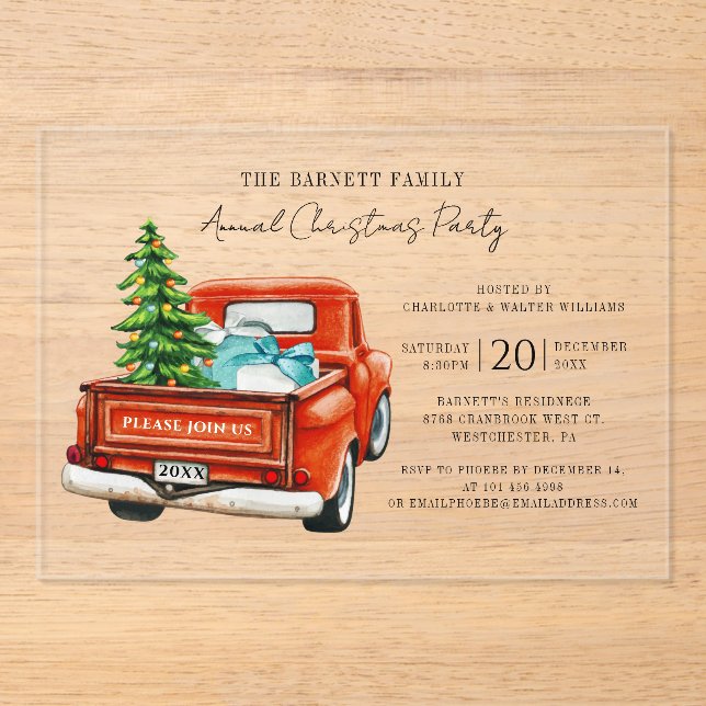 Invitations En Acrylique Red Truck Annual Script Christmas Holiday Party (Recto)