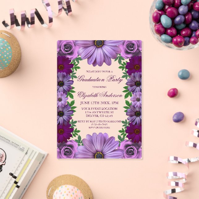 Invitations En Acrylique Regal Purple Floral Graduation Party (Insitu (Célébration))