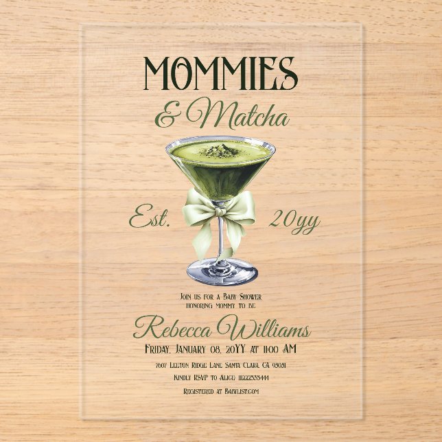 Invitations En Acrylique Retro Club Mommies et Baby shower Matcha Bow (Recto)