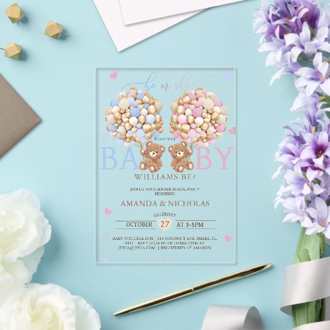Invitations En Acrylique Révélation de genre de l'ours en peluche (Insitu (Mariage))