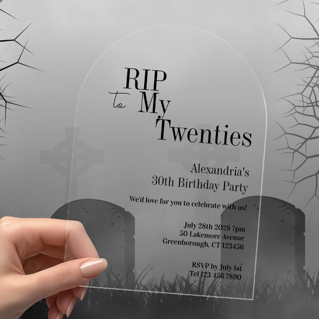 Invitations En Acrylique RIP 20s 30e fête d'anniversaire Typographie noire (Créateur téléchargé)