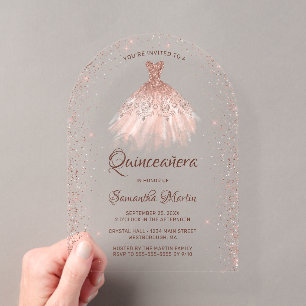 Invitations En Acrylique Robe à paillettes Rose Gold pour fête de Quinceañe