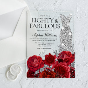 Invitations En Acrylique Robe argentée avec roses rouges pour fête d'annive