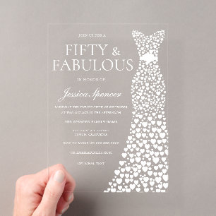 Invitations En Acrylique Robe blanche Cinquante et fabuleuse fête de 50e an