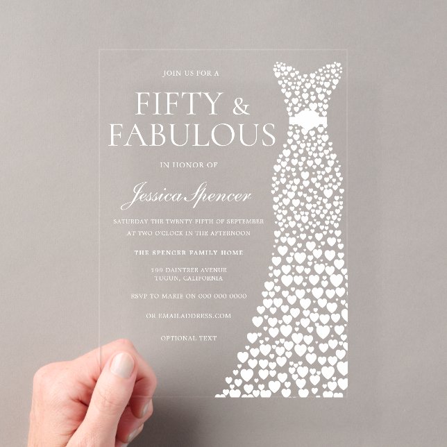 Invitations En Acrylique Robe blanche Cinquante et fabuleuse fête de 50e an (In situ (ordinateur de poche))