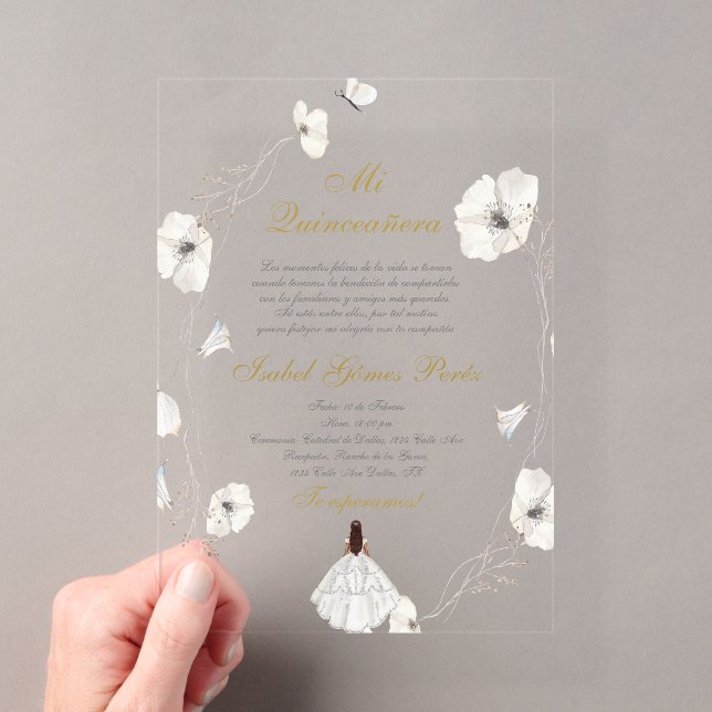 Invitations En Acrylique Robe blanche Quinceanera silhouette espagnole (In situ (ordinateur de poche))