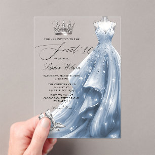 Invitations En Acrylique Robe Bleu Argent Princesse Sweet 16