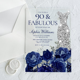 Invitations En Acrylique Robe bleue marine florale et diamant 90e anniversa