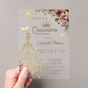Invitations En Acrylique Robe chic, étoiles florales papillon Quinceañera b
