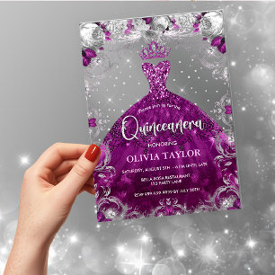 Invitations En Acrylique Robe chic rose fuchsia florale Quinceanera