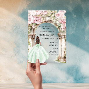 Invitations En Acrylique Robe d'arche de fleurs roses vertes Quinceanera