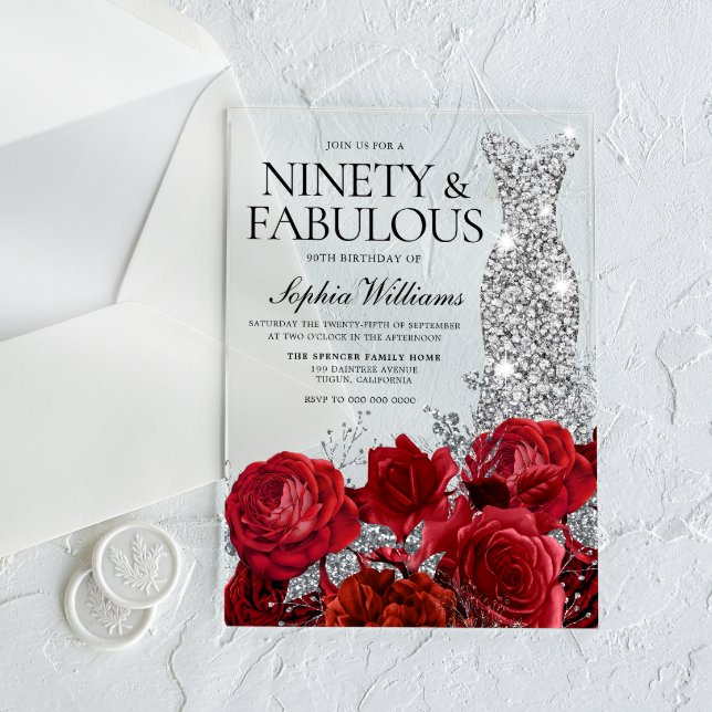Invitations En Acrylique Robe d'argent Gown Roses rouges 90e fête d'anniver (Créateur téléchargé)