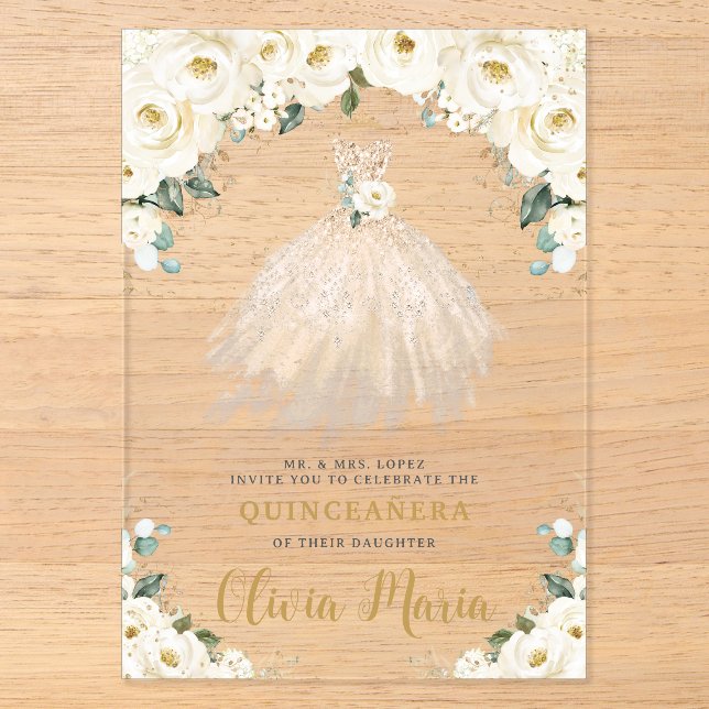 Invitations En Acrylique Robe de Champagne Florale blanche ivoire Quinceañe (Recto)