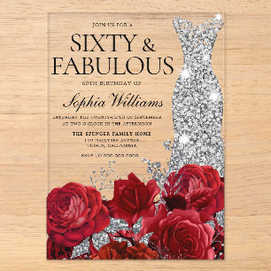 Invitations En Acrylique Robe de diamant de roses rouges noires pour 60 ans