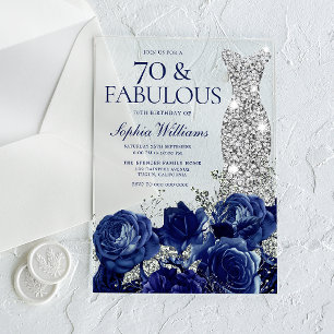 Invitations En Acrylique Robe de diamants Roses Navy pour la 70e anniversai
