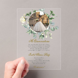 Invitations En Acrylique Robe de fleur blanche Quinceanera avec image