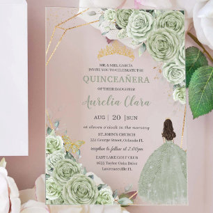 Invitations En Acrylique Robe de princesse florale vert sauge Quinceañera 1