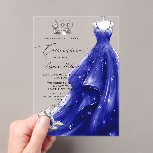 Invitations En Acrylique Robe de princesse Quinceañera bleu marine argentée