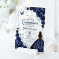 Robe de Quinceanera bleu marine argent floral