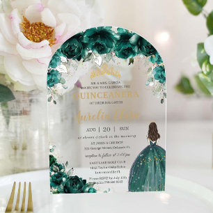 Invitations En Acrylique Robe de Quinceañera verte émeraude florale avec ar