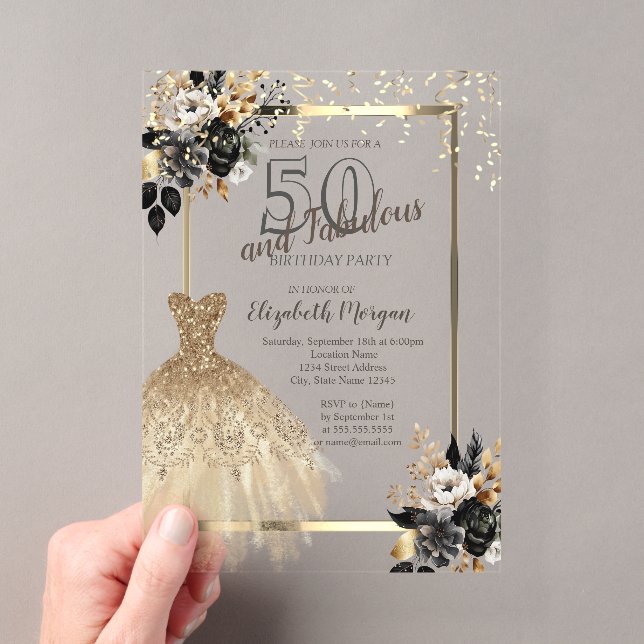 Invitations En Acrylique Robe de Séquins d'or Roses noirs 50e anniversaire (In situ (ordinateur de poche))
