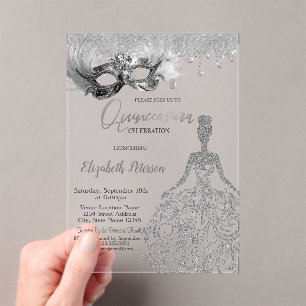 Invitations En Acrylique  Robe de soirée pailletée Masque Drips Argent Quin