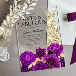 Invitations En Acrylique Robe d'or 60e anniversaire fête Fleur pourpre