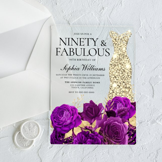 Invitations En Acrylique Robe d'or 90e anniversaire fête Fleur pourpre (Créateur téléchargé)