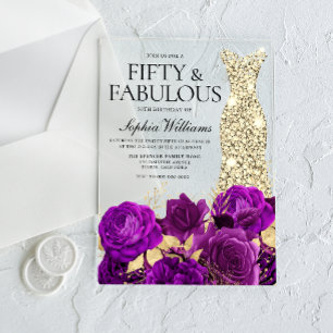 Invitations En Acrylique Robe d'or Fleurs violettes 50e fête d'anniversaire