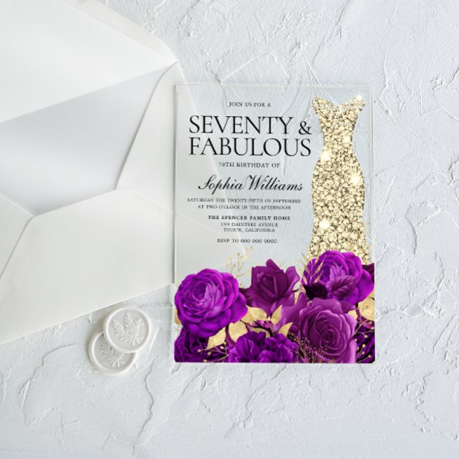 Invitations En Acrylique Robe d'or Fleurs violettes 70e fête d'anniversaire (Créateur téléchargé)