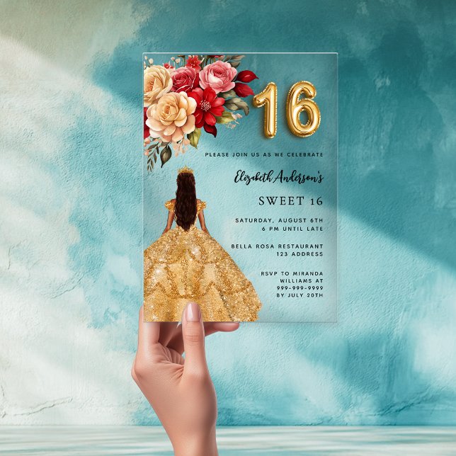 Invitations En Acrylique Robe d'or rouge floraux rose clair (Créateur téléchargé)