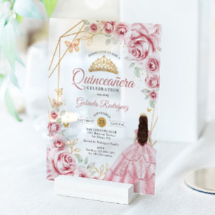 Invitations En Acrylique Robe dorée rose de Quinceanera florale