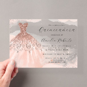 Invitations En Acrylique Robe élégante à paillettes en or rose Quinceanera