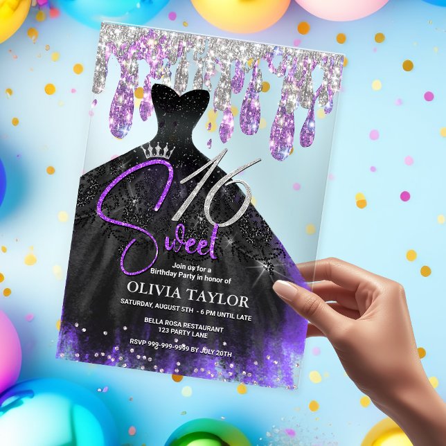 Invitations En Acrylique Robe élégante violet noir doux 16 monogramme (Créateur téléchargé)