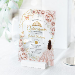 Invitations En Acrylique Robe Fleurie Rose Poudré Or pour Quinceanera